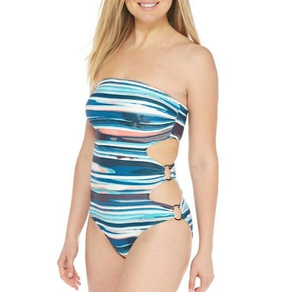 Vince Camuto 12 Banboo stripe ring side one piece marine Swimsuit - New - Picture 2 of 5